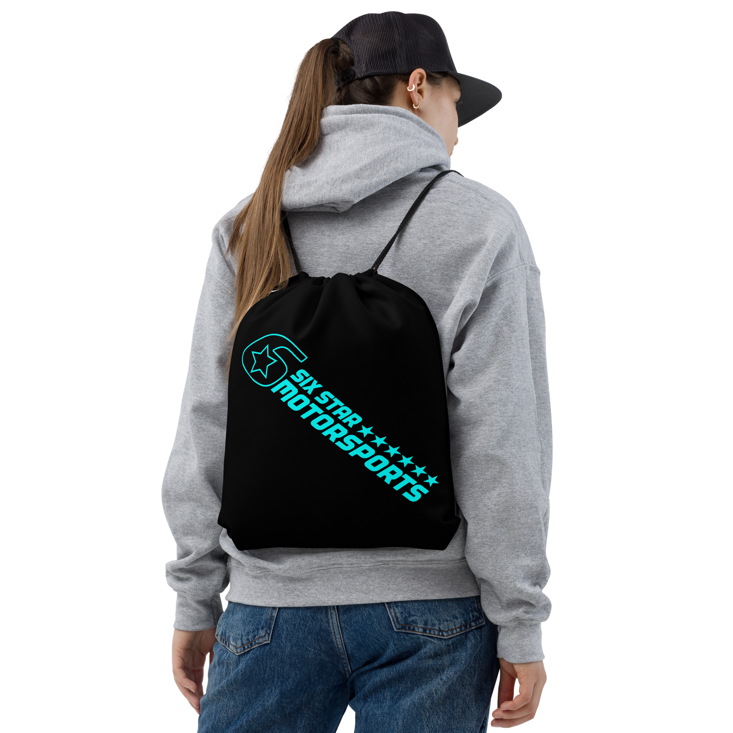 Black and Blue Single Logo Drawstring Bag